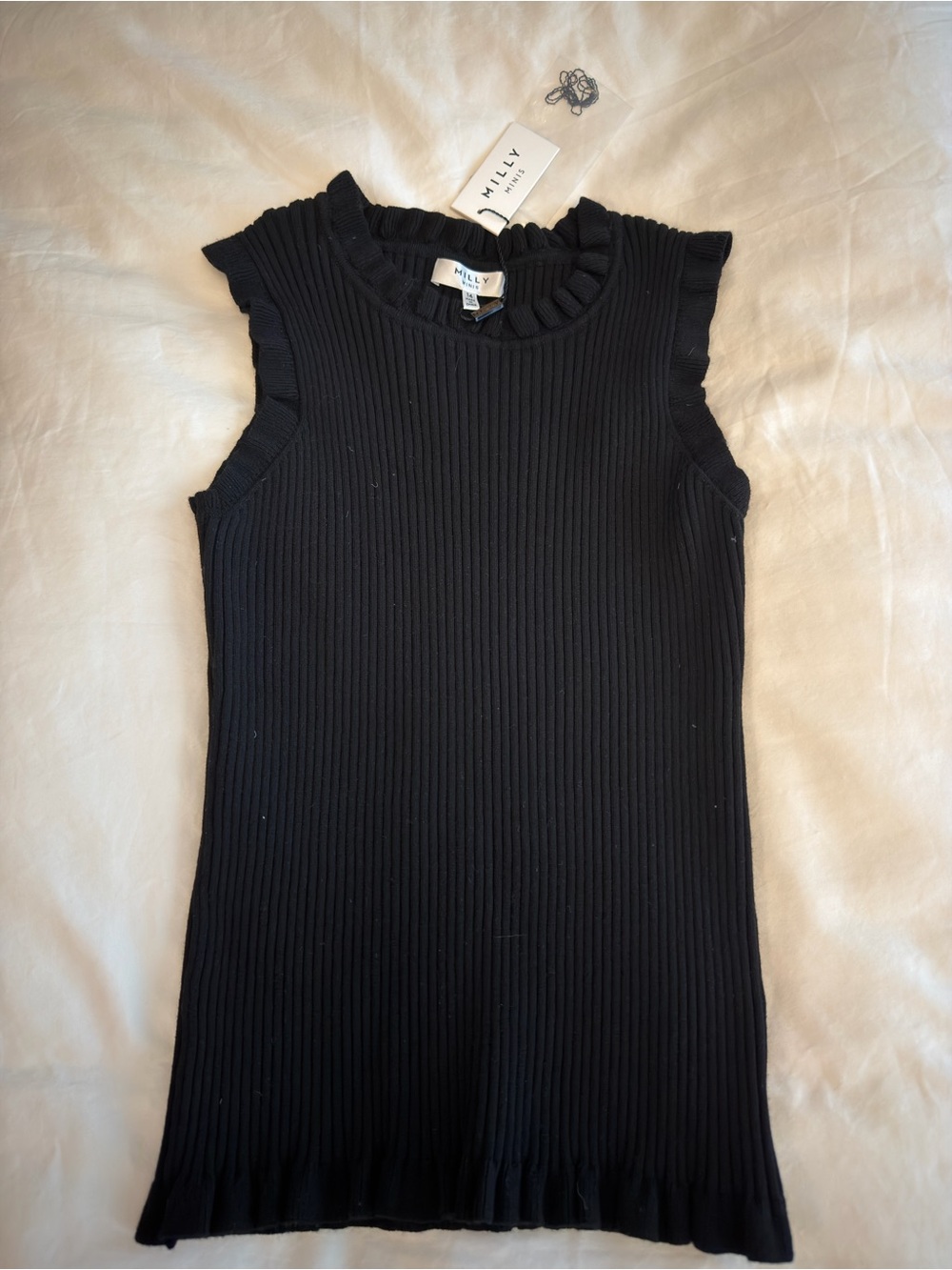 Milly Minis Black Ribbed Ruffle-Trim Tank Top